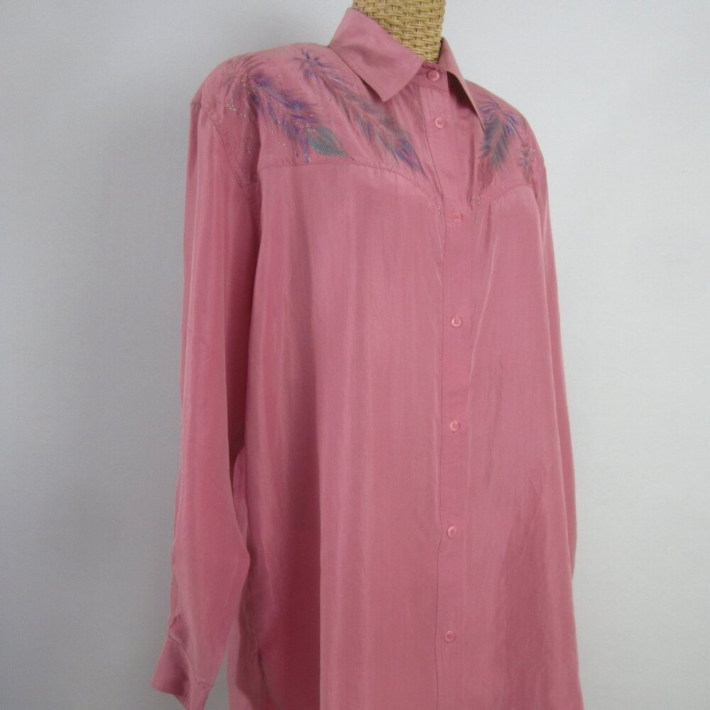 Vtg Wanted Women M Mauve Pink Painted Metallic LS Silk Western Cowboy Shirt - Picture 2 of 14
